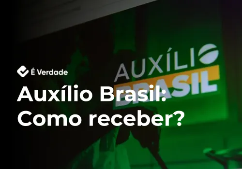 Logo do programa Auxílio Brasil, do Governo Federal, em fundo verde e amarelo